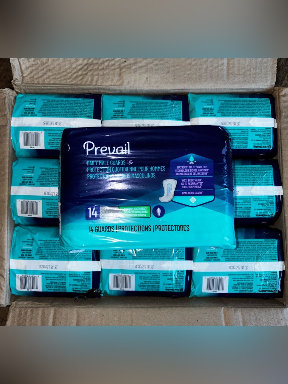 Case of Prevail Daily Male Guards- 14 count pack. 9 packs in case.